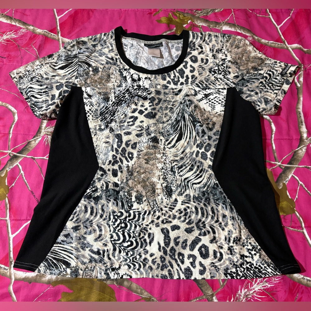 Cherokee Black and Tan/White Animal Print Panel Scrub Top